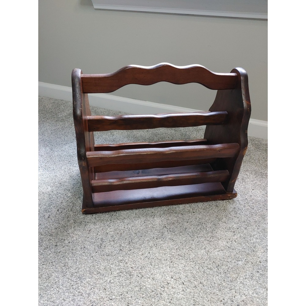 Vintage Mid Century Colonial Primitive Wood Magazine Vinyl Book Rack Cottage
